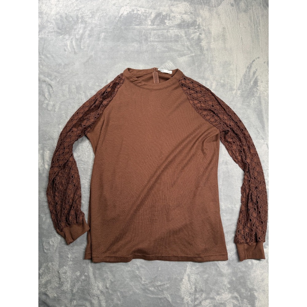 MIHOLL Tunic Top Womens XL Brown Waffle Crochet Lace Sleeve Mock Neck Back Zip